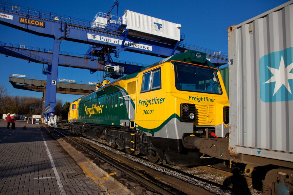 A freight train at Felixstowe Port