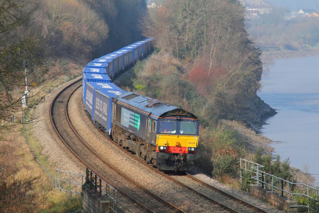 Tesco train going past the River Severn