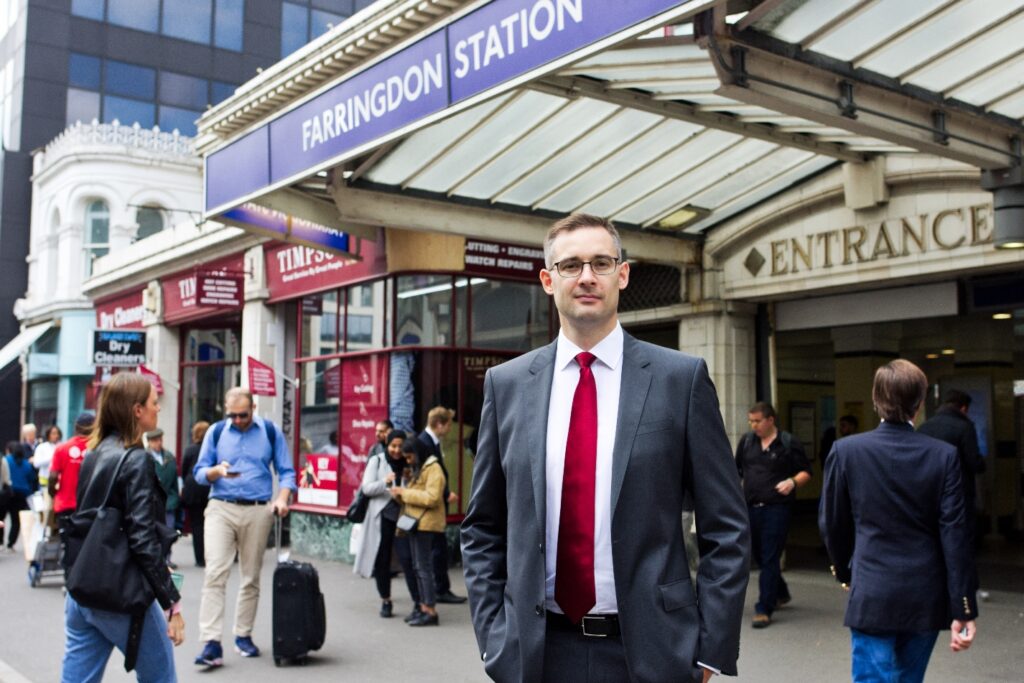 Darren Shirley outside Farringdon Station, London