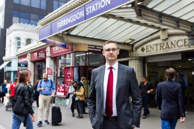 Darren Shirley outside Farringdon Station, London