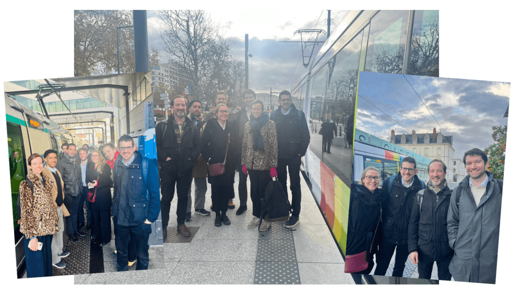 Different photos of a group of people standing next to trams in various French cities in the winter